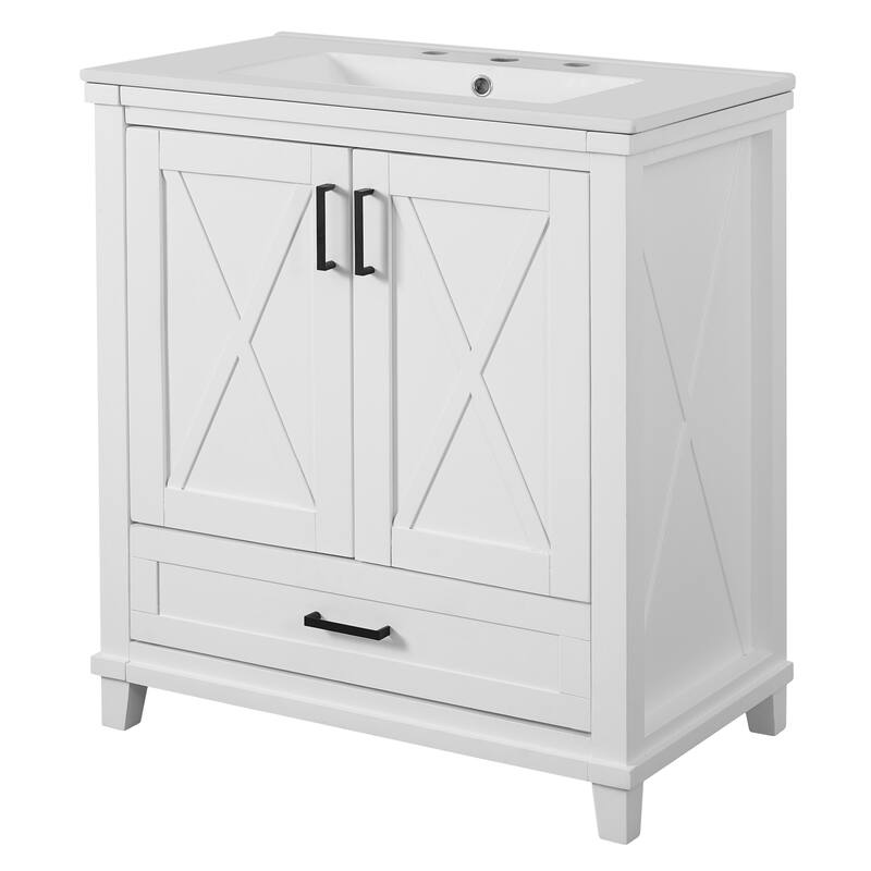 30 Inch Bathroom Vanity Single Sink Solid Wood MDF 2 Soft Close Doors 1 Divided Drawer