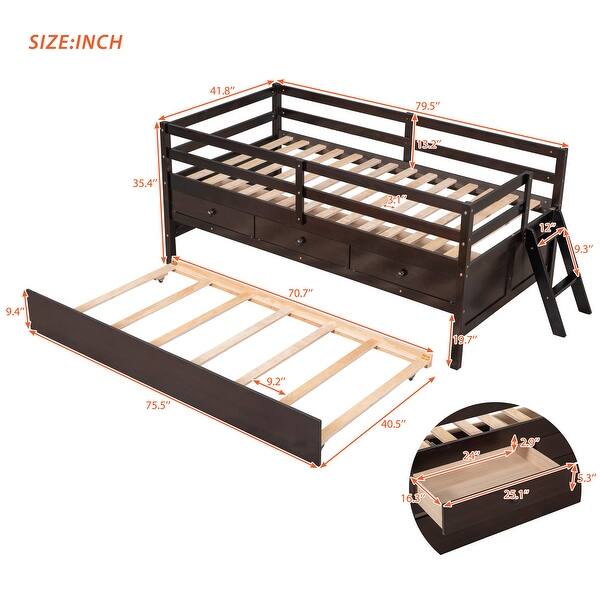 dimension image slide 1 of 3, Functional Design Low Loft Bed with Safety Fence, Climbing ladder, Storage Drawers and Trundle Bed