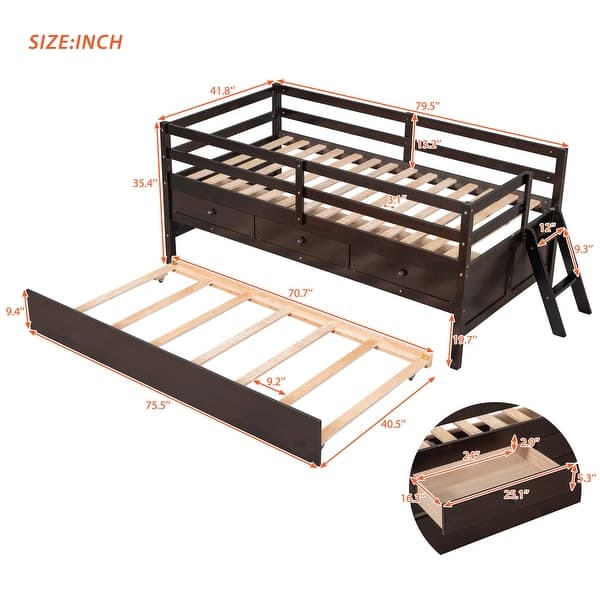 dimension image slide 0 of 3, Modern Twin Size Low Loft Bed With Full Safety Fence,Climbing Ladder,Storage Drawers and Trundle