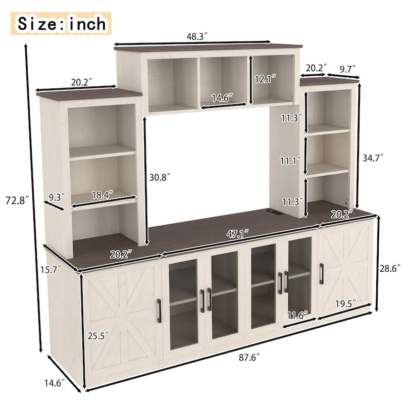 Modern 87.6" Wall Unit Entertainment Center with Bookshelves for TVs up to 55", TV Stand Media Console with Charging Station
