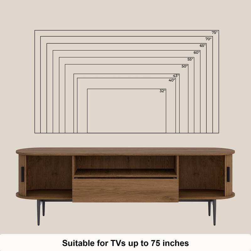 TV Stand with Drawer for TV Up to 75", Mid Century Entertainment Center with Fluted Door Cabinets & Cable Hole