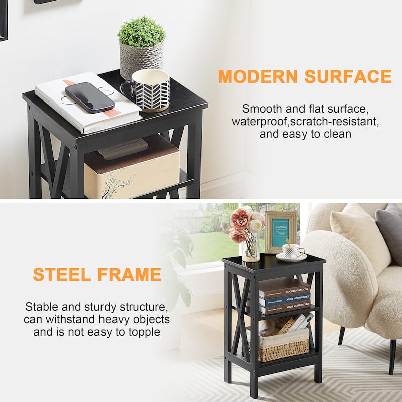 VECELO Modern Side Tables with 3-tier Storage Shelves X-Shaped Nightstand Set of 2 for Living Room and Bedroom