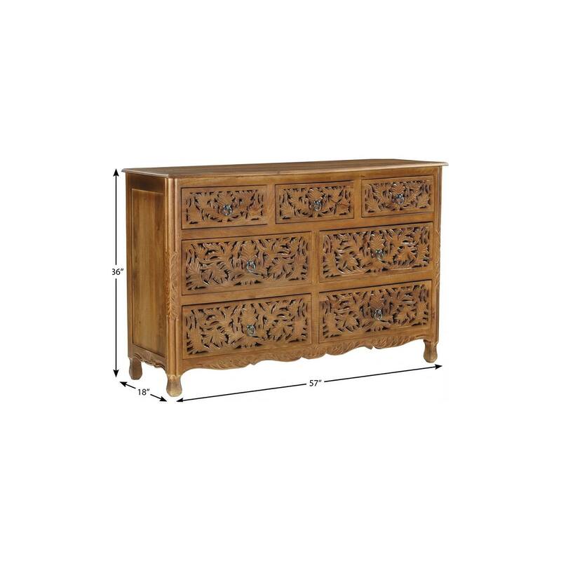 HomeRoots 57" Brown Carved Floral Solid Wood Seven Drawer Dresser