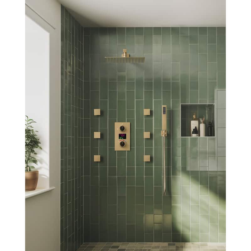 GRANDJOY 12 Inch Wall Mounted Digital Temperature Display Shower System Rainfall Shower Head with 6 Body Jets - Brushed Gold