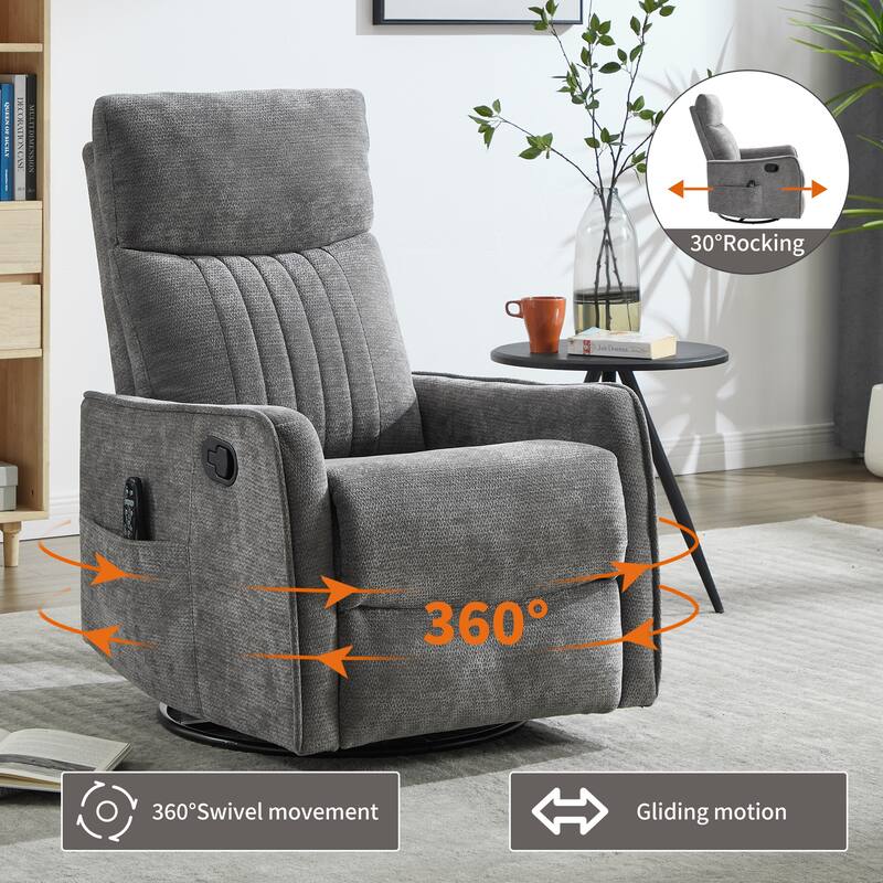 Roomfitters Swivel Rocker Recliner Chair, Manual Fabric Massage Glider Sofa with Heat and 360-Degree Pivot, Living Room