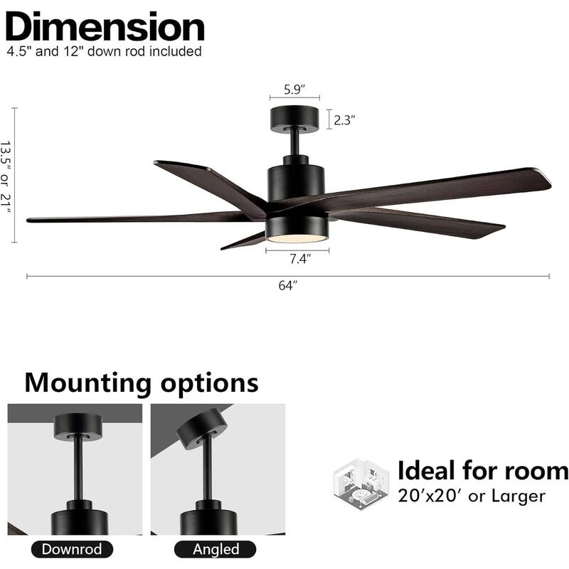 64" Matte Black Aero Blade Ceiling Fan with LED Light and Remote - Matte Black - 64"D x 64"W x 21"H