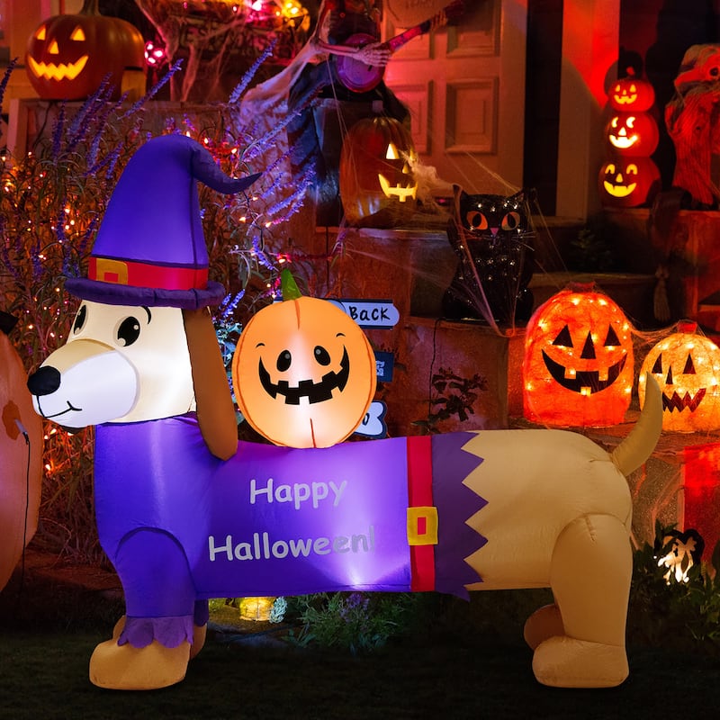 Costway 5 FT Long Halloween Inflatable Dachshund Dog with Pumpkin Self - See Details