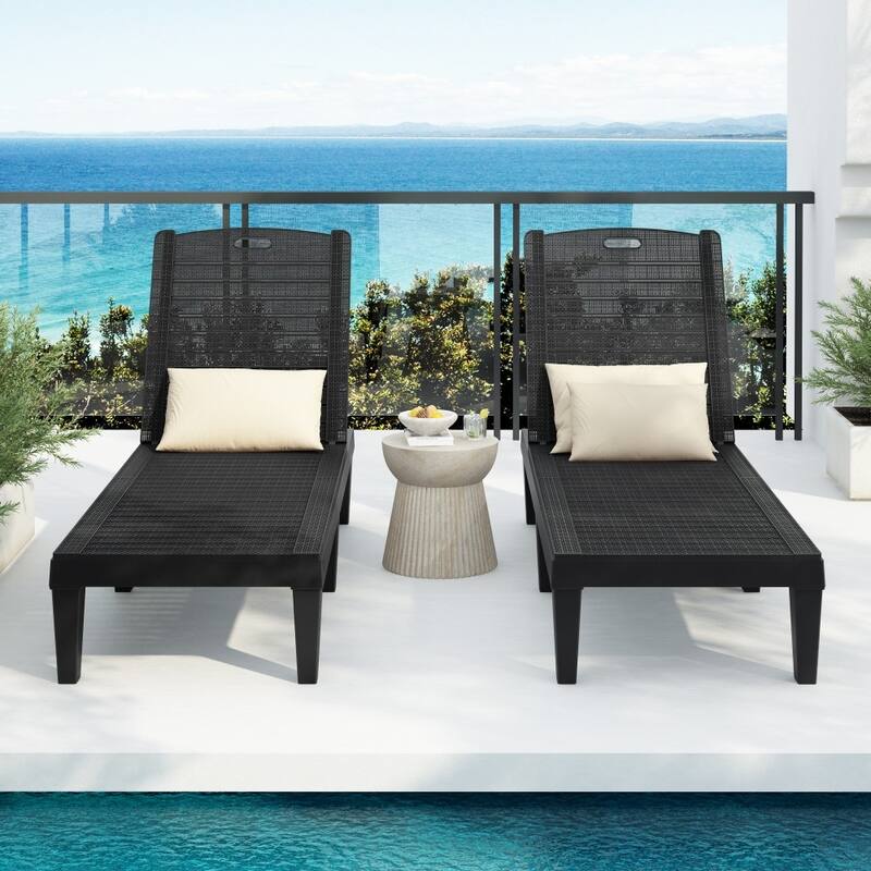 Modern 2-piece Outdoor Chaise Lounges with Adjustable Backrest (Set of 2) - Black