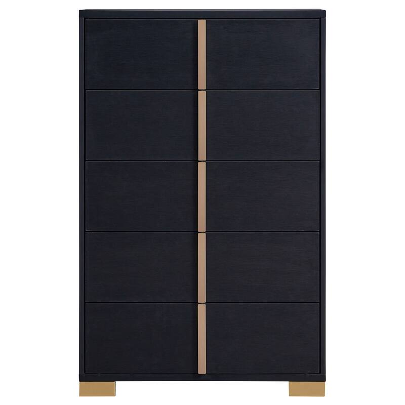 Dex 50 Inch Tall Dresser Chest, 5 Drawers with Vertical Gold Handles, Black