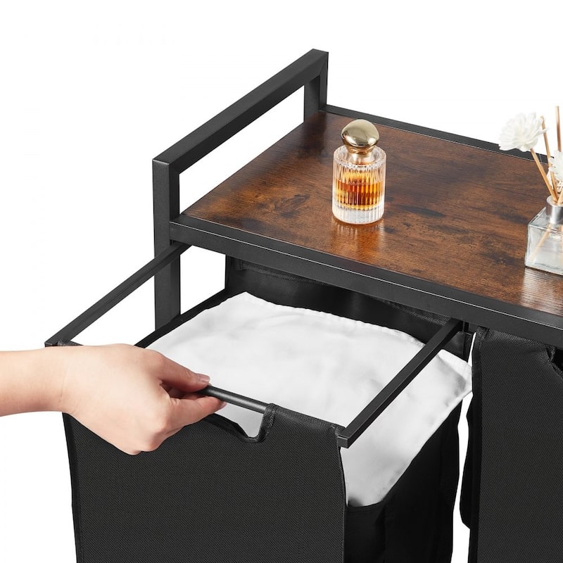 36.5 Gallon Black 3-Bag Laundry Hamper Sorter with Sturdy Steel Frame and Wooden Tabletop - 38.58 x 12.99 x 27.95 in