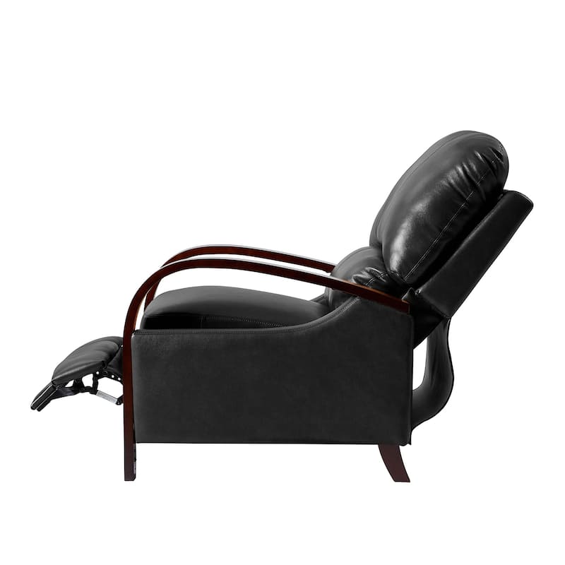 Alex Mid-century Modern Genuine Leather Manual Recliner with Wooden Curved Arms