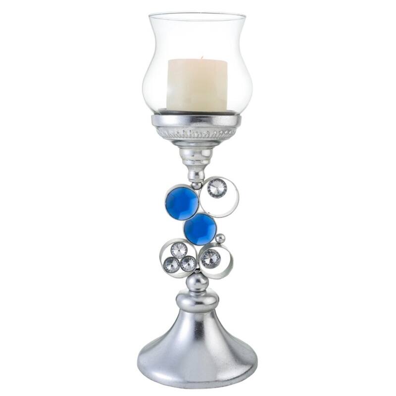 HomeRoots 18" Silver and Blue Faux Crystal Bling Hurricane Candle Holder - 8