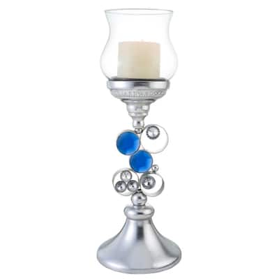 HomeRoots 18" Silver and Blue Faux Crystal Bling Hurricane Candle Holder - 8