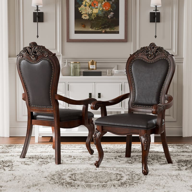 Furniture of America Eugene Traditional Solid Wood Dining Arm Chairs with Nailhead Trim and Cabriole Legs (Set of 2) - Cherry