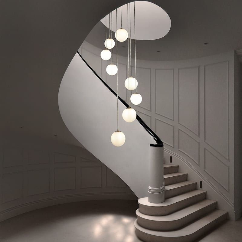 18'' 8-Light Modern White Opal Glass Staircase Chandelier Globe Bubble Glass Pendant In Matte Black For Foyer Entryway - W18''