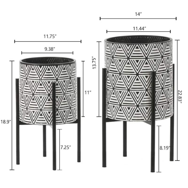 Black and White Metal Cachepot Planters with Black Metal Stands (Set of 2)