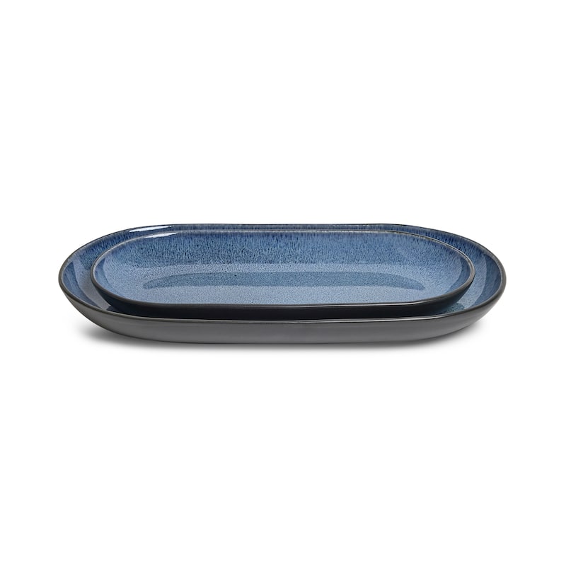 Sango Resona Blue/Black Large Ceramic Serving Platters Set of 2, 14/12 Inch - Blue