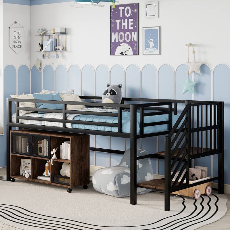 Twin Metal Loft Bed with Storage Cubby, Low Metal Loft Bed with Stairs for Kids - Black