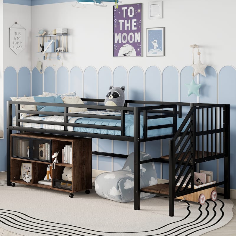 Twin Size Metal Loft Bed with Movable Storage Cabinets, Low Loft Bed Metal Frame Bed with Stairs for Kids