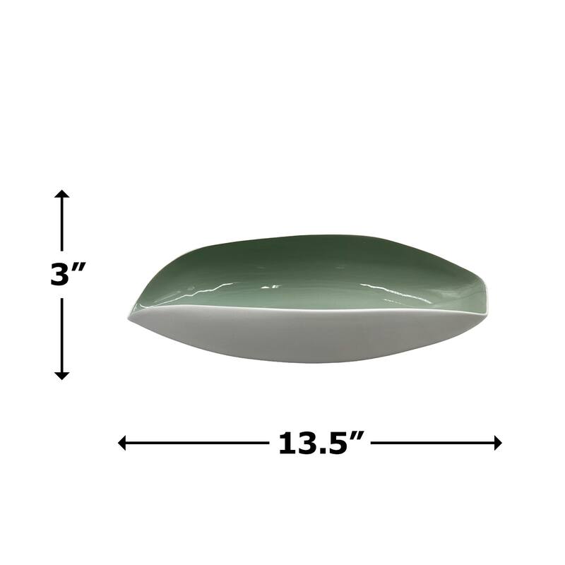 14 Inch Wide Modern Decorative Bowl in White and Green - 13.5 x 6 x 3 in