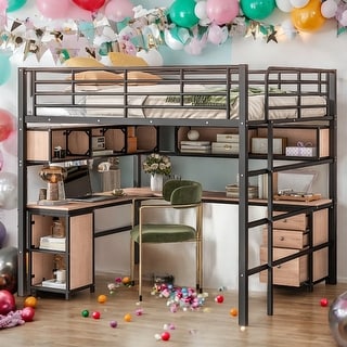 Multi-Functional Design Metal Full Loft Bed with Bookcase, Desk and Cabinet, High-quality Material and Solid Construction, Black