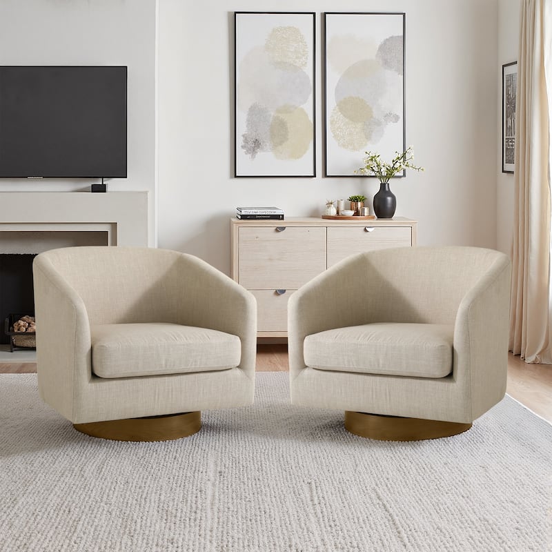 Faux Leather Wide Seat Swivel Barrel Chair - 2 Set/Brown Base - Light Brown/Linen