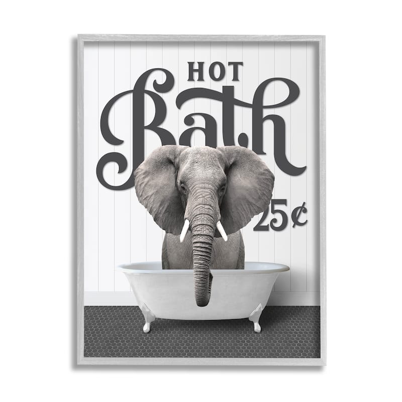 Stupell Vintage Hot Bath Elephant Framed Giclee Art Design by Lettered and Lined - 11 x 14 - Grey