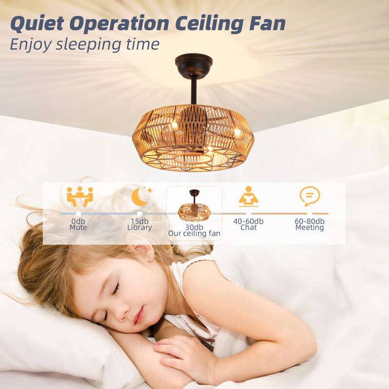 19 in. Rattan Indoor Ceiling Fan with Lights, 6-Speed Remote Control and DC Motor for Small Bedroom