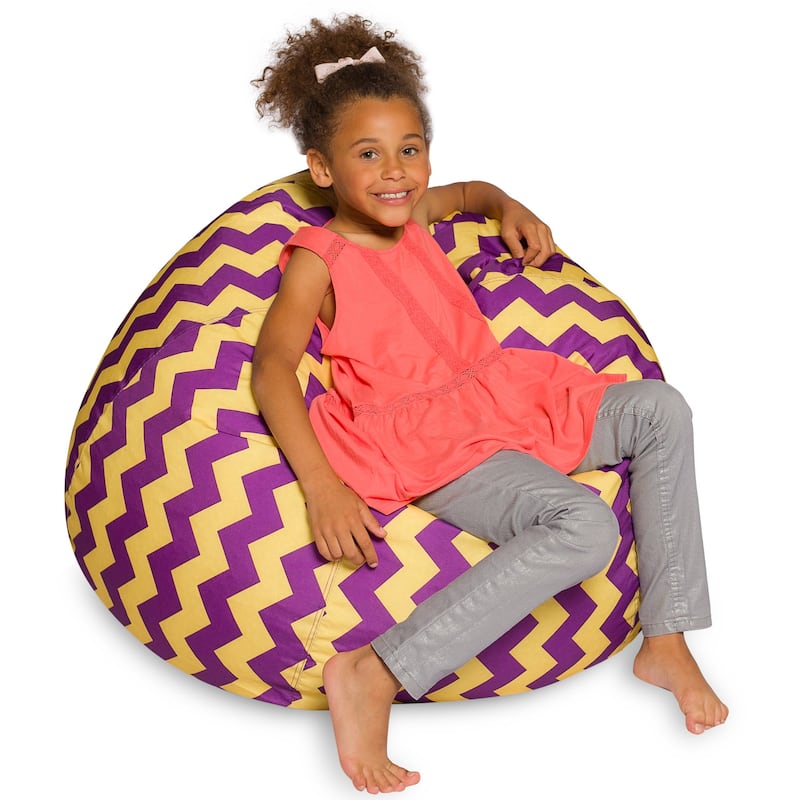 Kids Bean Bag Chair, Big Comfy Chair - Machine Washable Cover - 38 Inch Large - Pattern Chevron Purple and Yellow