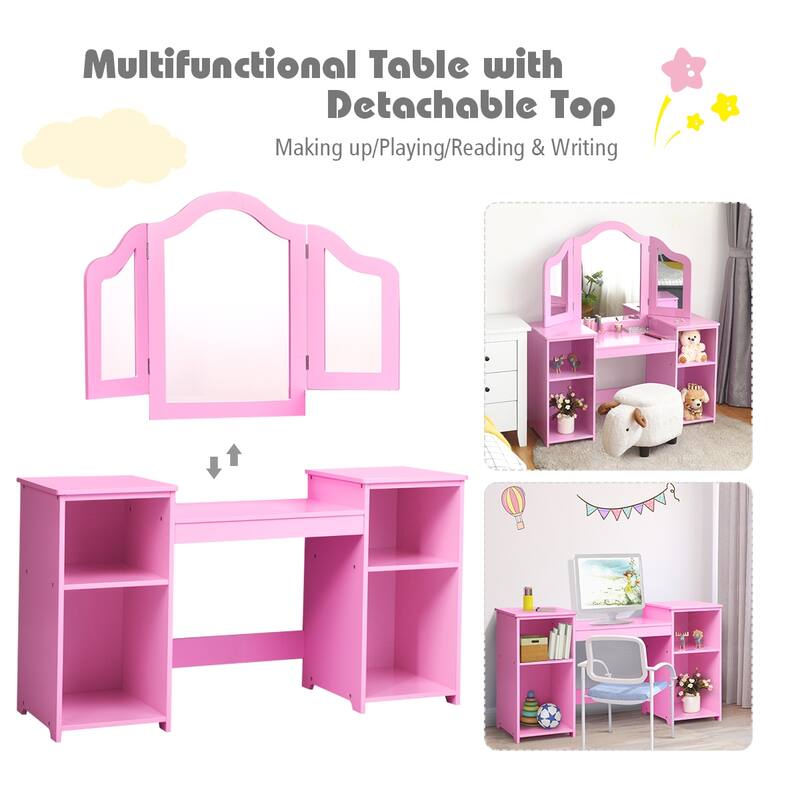 Costway Vanity Table Set Makeup Dressing Kids Girls Study Table Tri - See Details