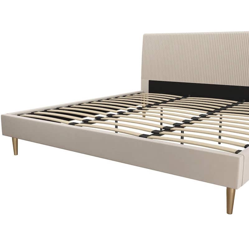 Off-White Ivory Cream Upholstered Platform Bed Frame with Headboard