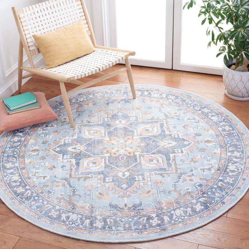 SAFAVIEH Handmade Restoration Vintage Bruni Wool & Viscose Rug - 6' Round - Ivory/Light Blue