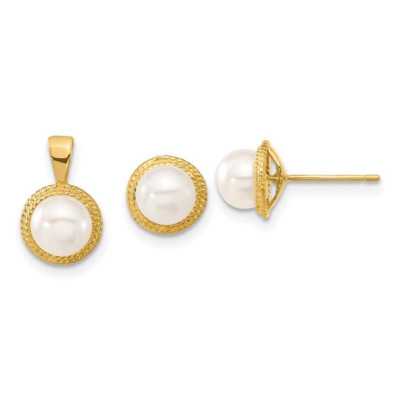 Curata 14k Yellow Gold 5-6mm White Button Freshwater Cultured Pearl Earrings and Pendant Necklace Set
