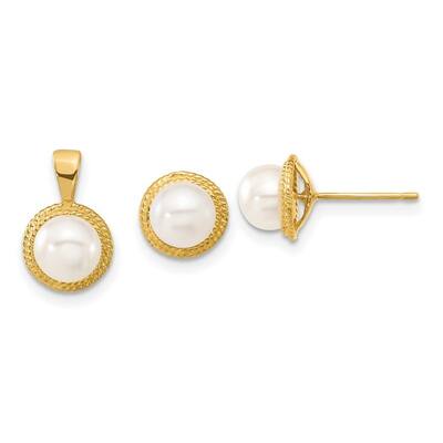 Curata 14k Yellow Gold 5-6mm White Button Freshwater Cultured Pearl Earrings and Pendant Necklace Set