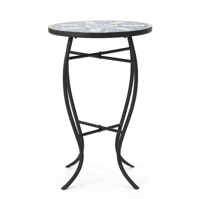 Roomfitters End Table, Round Outdoor Side Table with Blue Mosaic Top and Curved Metal Legs for Patio or Garden, White+Blue