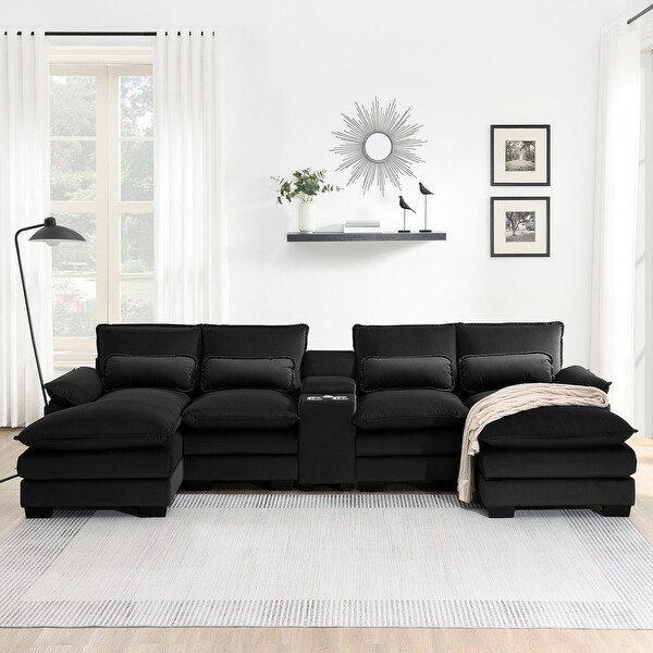 Velvet U shaped Sectional Sofa w Chaise Console 6 Seat Recliner Sofa Set w Cupholders USB Ports for Living Room Black Bed Bath Beyond 40830091