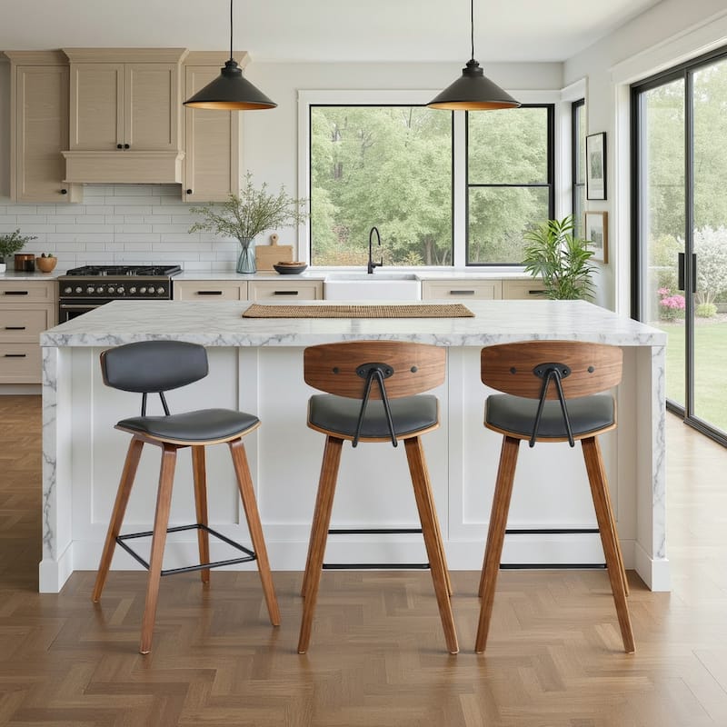 Fox Mid-Century Bar Stool, Upholstered Counter Height Chair with Bentwood Legs - Set of 3 - Grey & Walnut - Counter Height