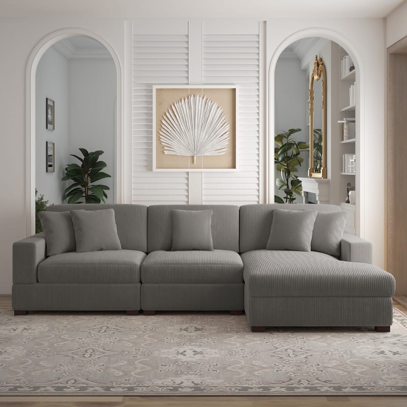 118" W Corduroy L-shape Modular Sectional Sofa with Pillows