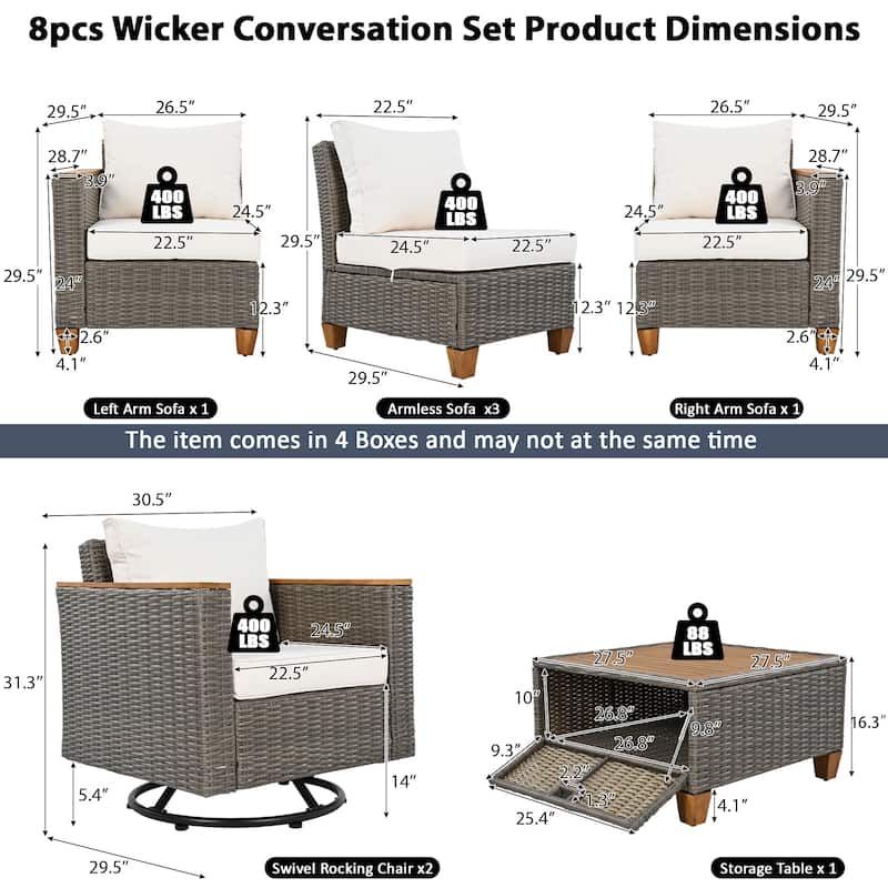 8 Piece Wicker Outdoor Patio Conversation Set with Thick Cushion and Storage Table, All Weather Rattan Swivel Chairs Set of 2
