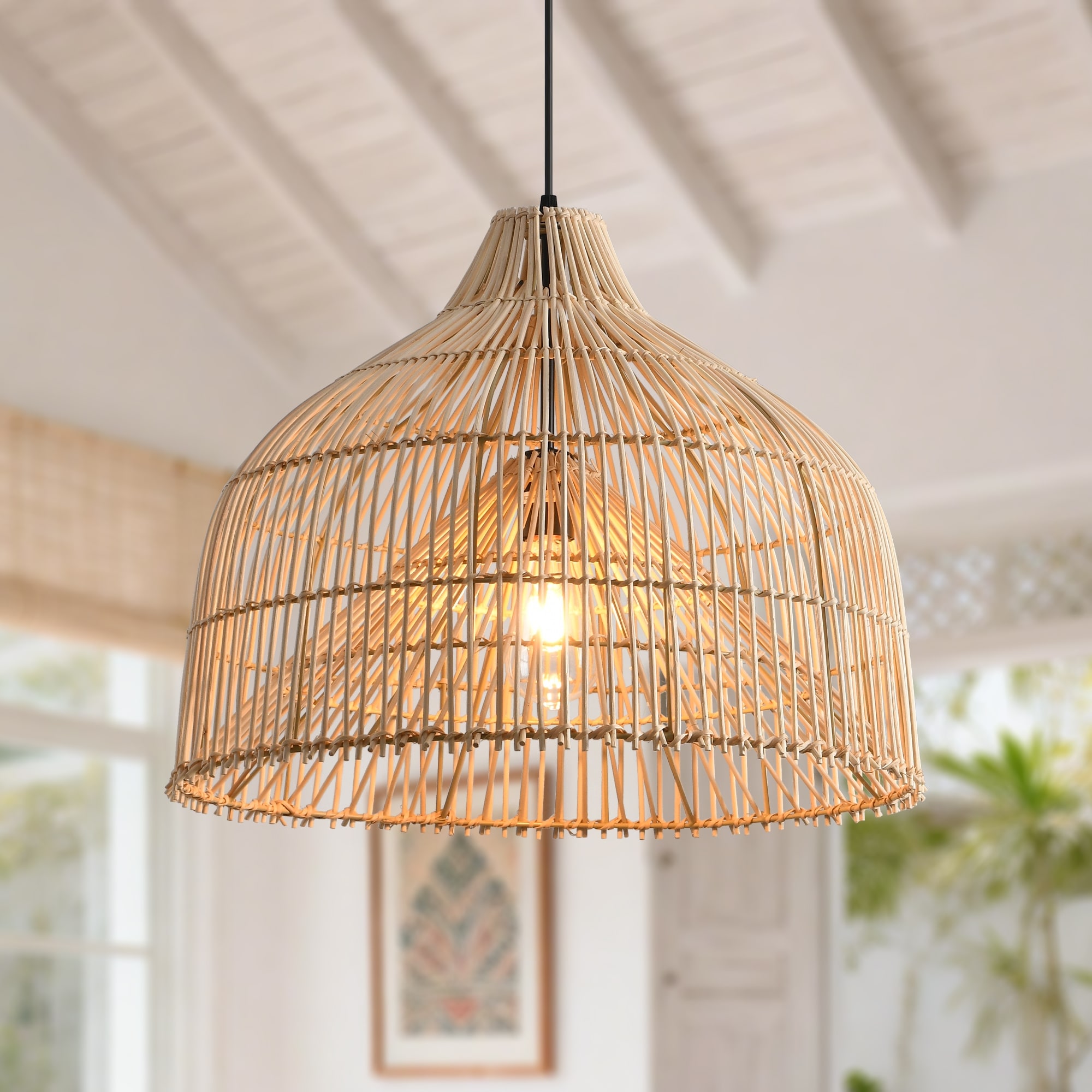 1-Light Boho Brown Hand-Woven Rattan Cloche Hanging Basket Pendant Light Chandelier - 19.6" W x 62.9" H