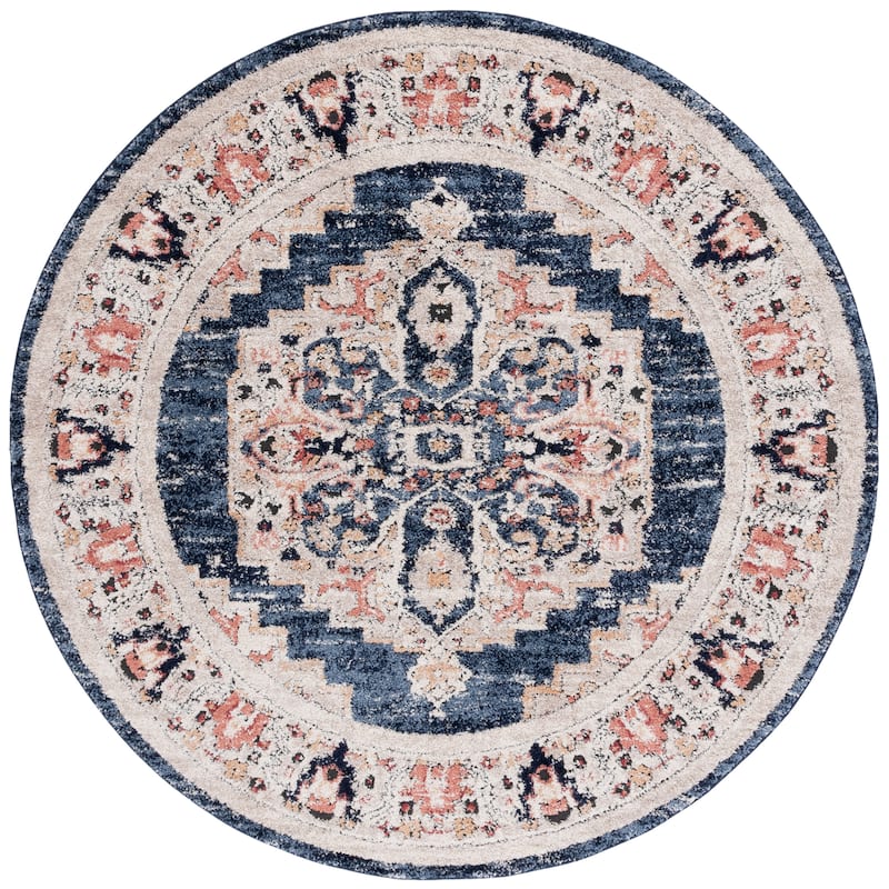 SAFAVIEH Luna Nira Oriental Medallion Rug - 6'7" Round - Navy/Beige