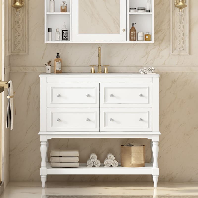 Free Standing Bathroom Vanity Cabinet with Sink, 4 Drawers, Solid Wood Frame, Silver Metal Knobs and Large Open Storage Shelf - White