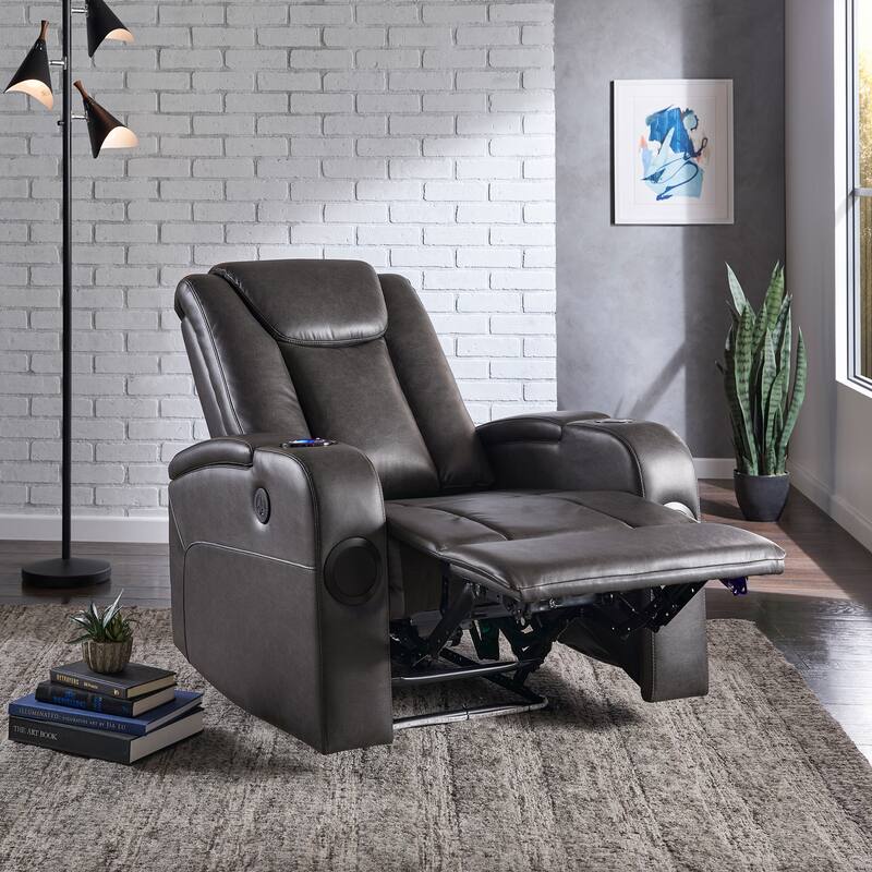 Terlingua Gray Vegan Leather LED Power Recliner with Speaker, Storage, USB and Wireless Charger by iNSPIRE Q Classic