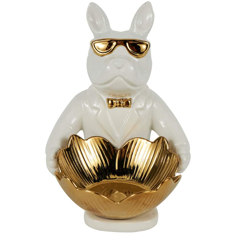 Black or White Ceramic Bulldog Sculpture with Gold Accents