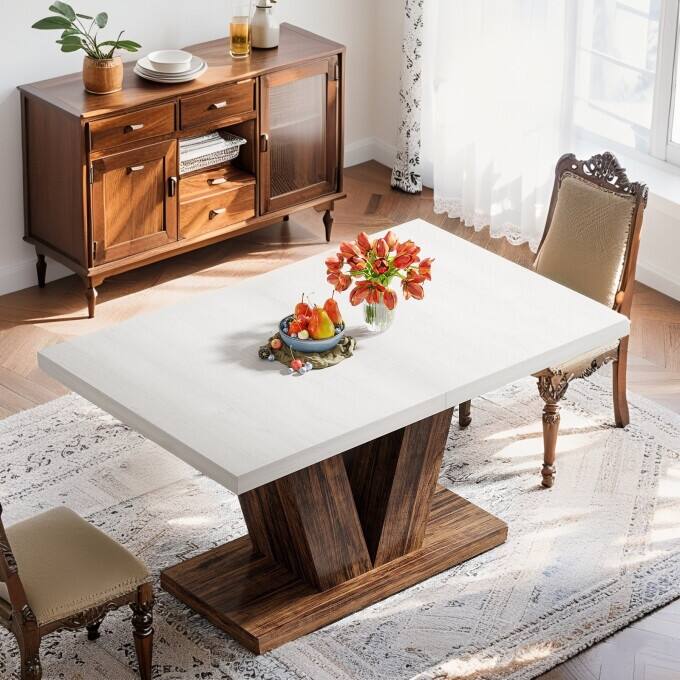 47-Inch Wooden Dining Table with Heavy Duty Pedestal, Farmhouse Kitchen Dinner Table for Home