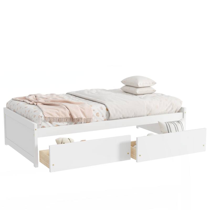 Twin Size Bed with 2 Drawers, Solid Rubber Wood Bed