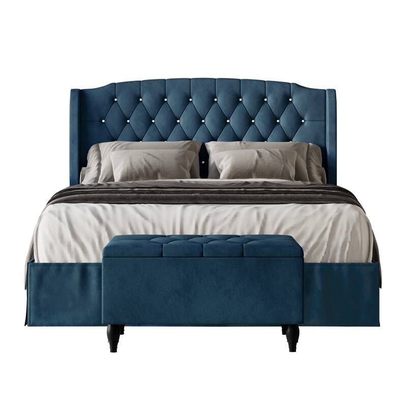 CraftPorch 2 Piece Bedroom Bench Set Velvet Wingback Upholstered Bed - Navy Blue - Twin