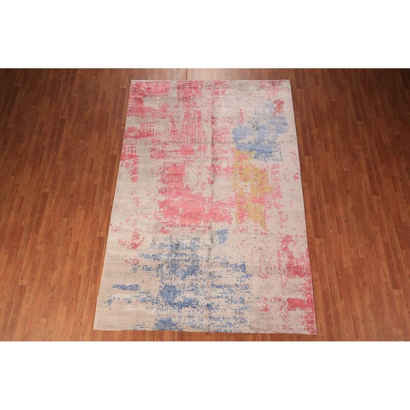 Contemporary Abstract Indian Area Rug Hand-Knotted Wool Carpet - 6'8" x 10'0"