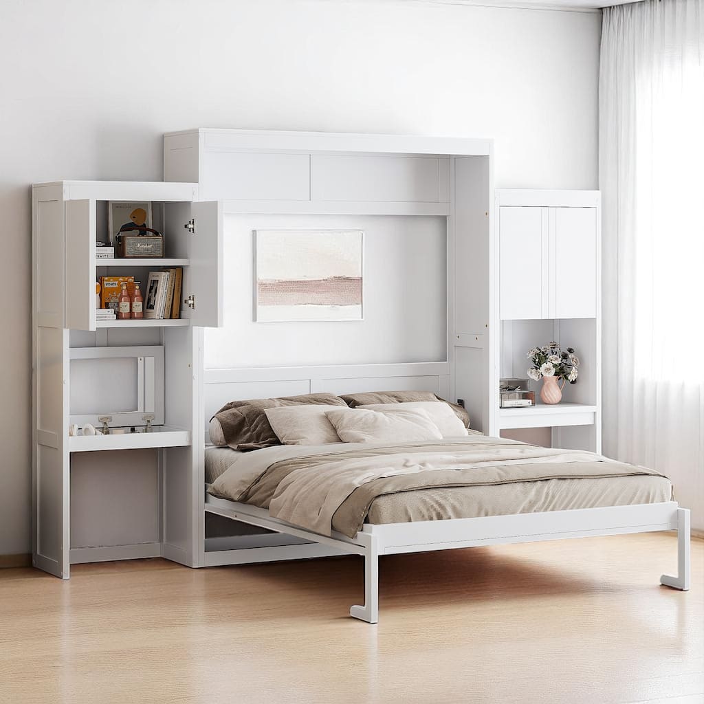 Multi-Functional Queen Murphy Bed with Desk, Vanity, and Cabinets for Space-Saving