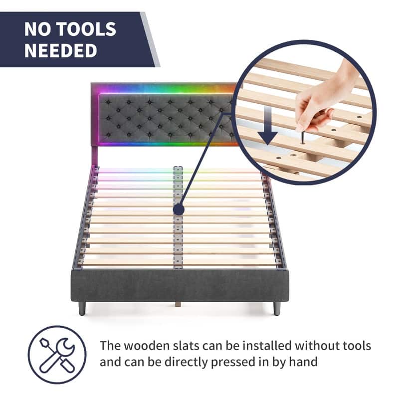 Mixoy Velveteen RGB LED Bed Frame with Button Tufted Adjustable Headboard